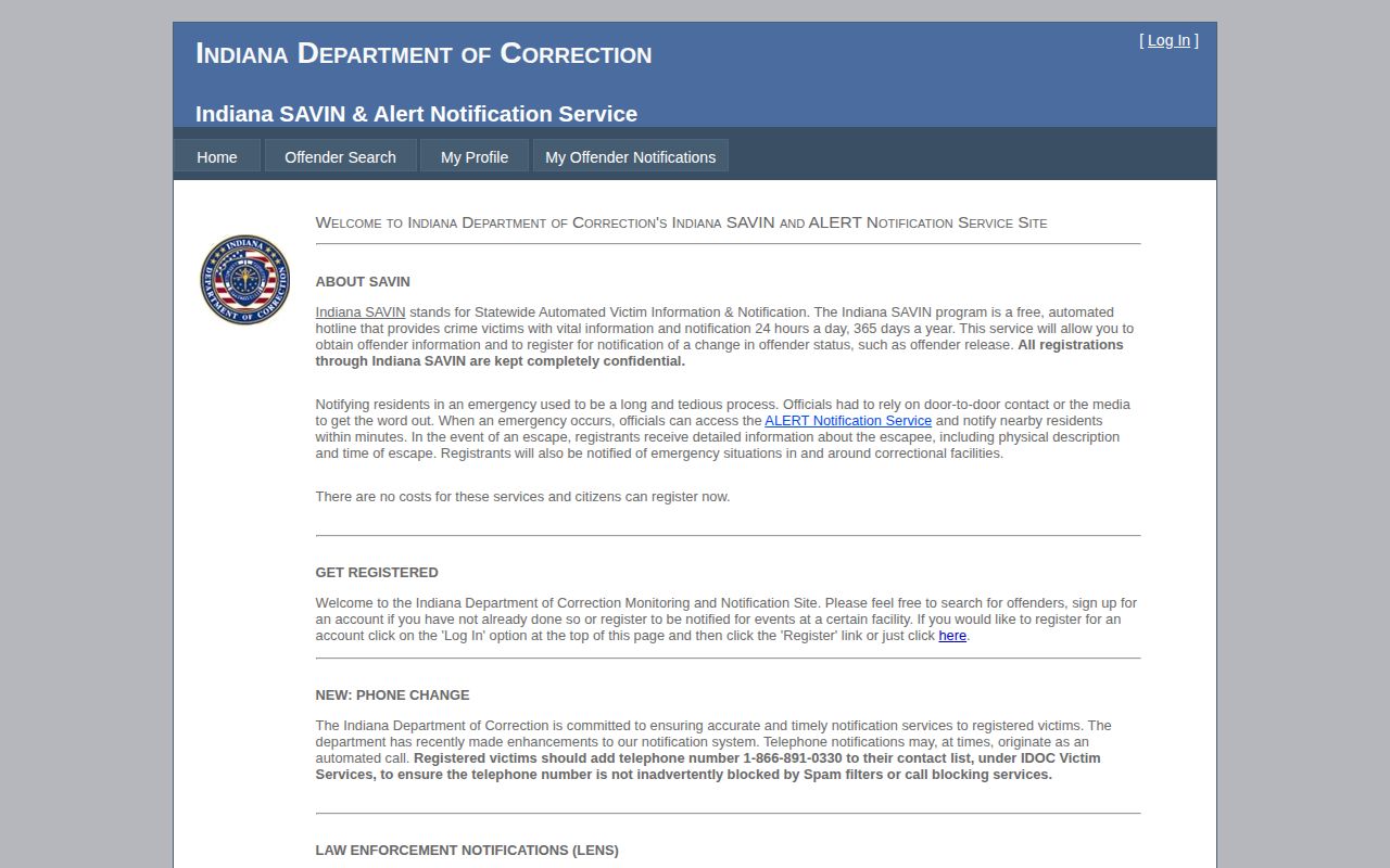Indiana SAVIN Blackford County custody alert interface