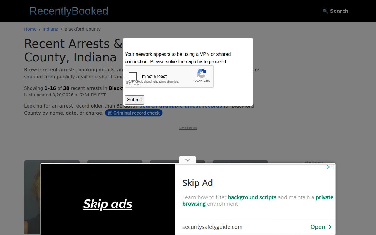 Unofficial Recently Booked Blackford County mugshot records page